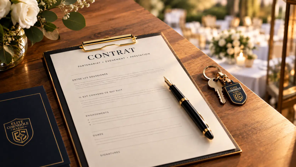 Un document de contrat de location événementielle au Maroc avec un stylo plume, posé sur une table en bois devant une réception de mariage.
