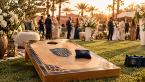 Une planche de cornhole en bois de style artisanal posée sur la pelouse lors d'un mariage de luxe en extérieur à Marrakech au coucher du soleil.