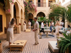 Jeu-de-cornhole-compact-installé-dans-le-patio-d'un-riad-à-Marrakech