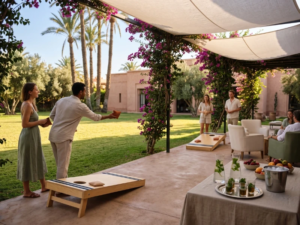 Planches-de-cornhole-installées-à-l-ombre-d-une-pergola-avec-rafraîchissements-pour-jouer-malgré-la-chaleur